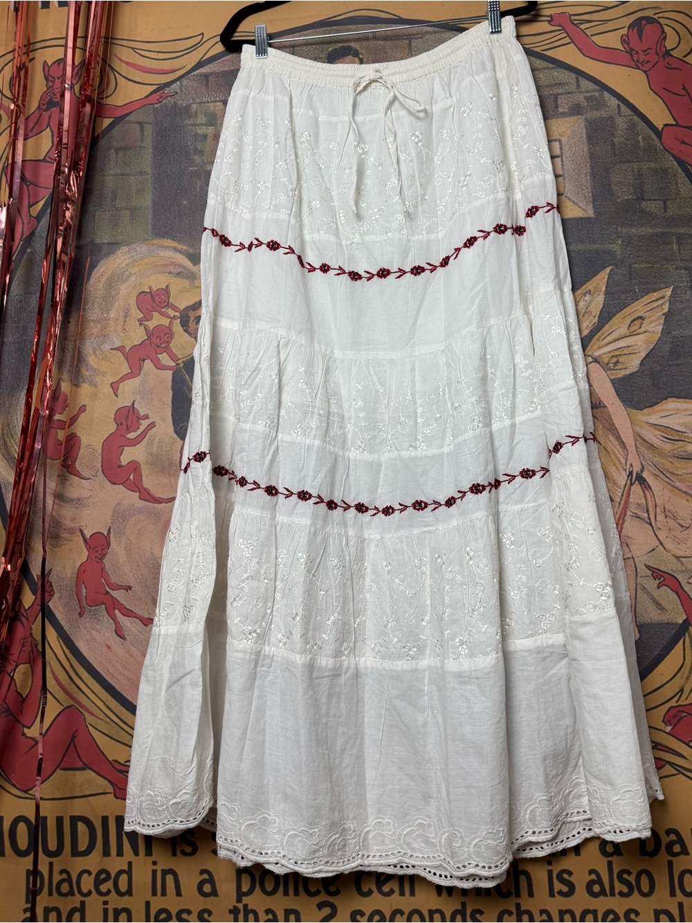 Cottagecore Bohemian Floral Embroidered White Maxi Skirt 100% cotton